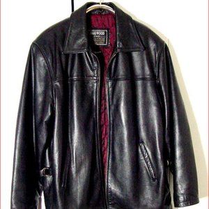 Vtg Oakwood Black Leather Jacket Red Quilt Lined Sz L